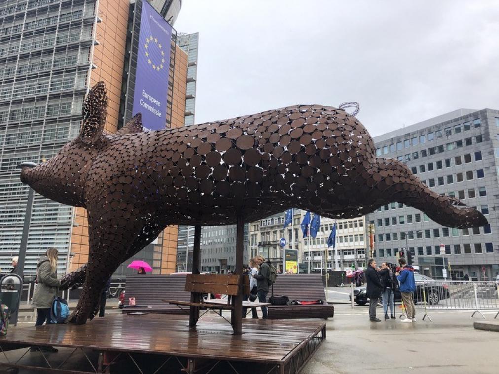 VIDEO. Un cochon géant devant la Commission