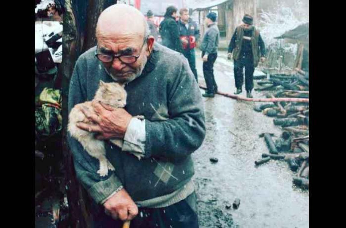 La photo déchirante d'un vieil homme et de son chat après l'incendie de sa maison