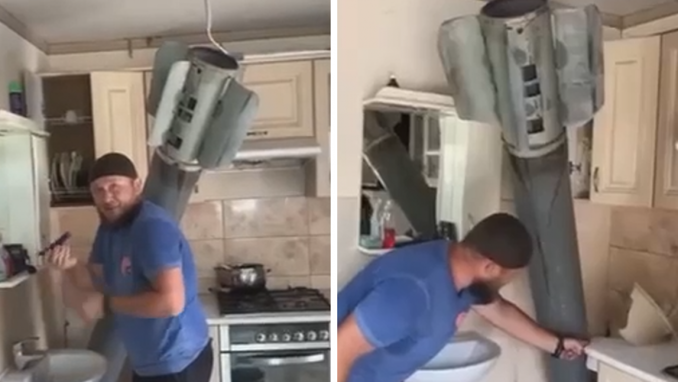 Cet Ukrainien se rase tranquillement chez lui avec un obus dans sa cuisine (vidéo)