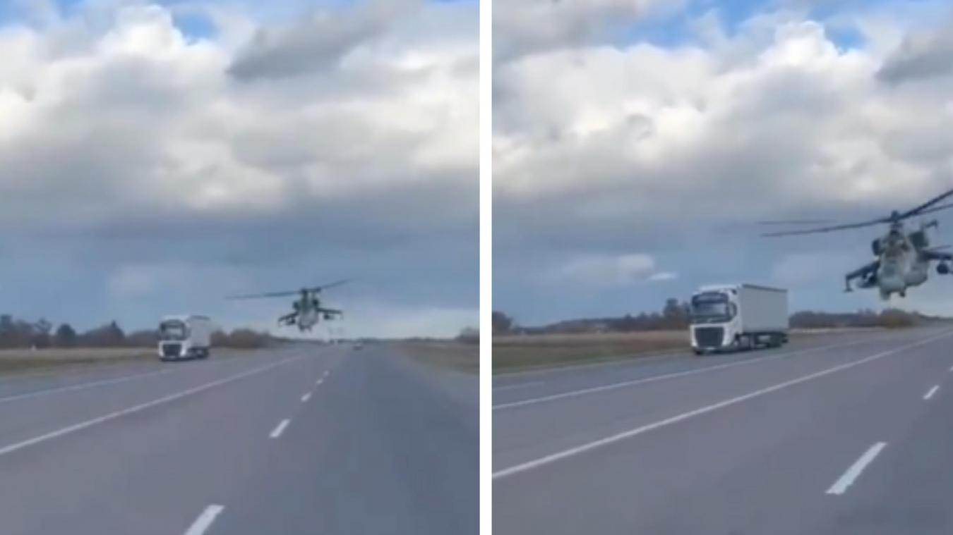 «Bienvenue en Ukraine»: un hélicoptère de guerre filmé juste au-dessus d’une autoroute (vidéo)